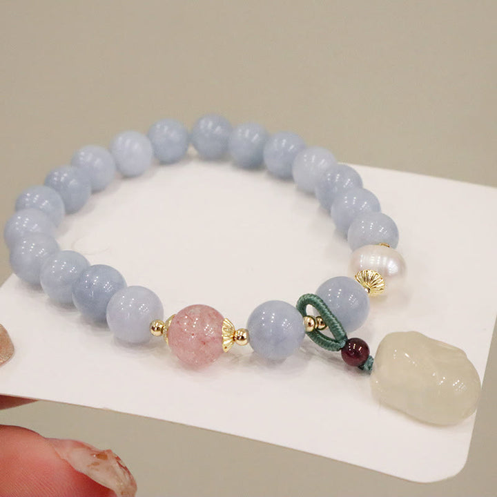 Buddha Stones Natural Aquamarine Chalcedony Serenity Rabbit Gourd Cat Charm Bracelet - image 3