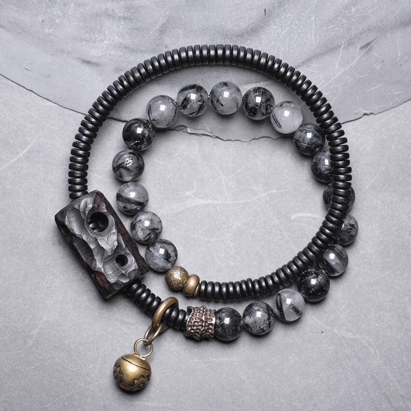Buddha Stones Black Rutilated Quartz Ebony Wood Copper Wisdom Couple Bracelet - 18cm - image 0