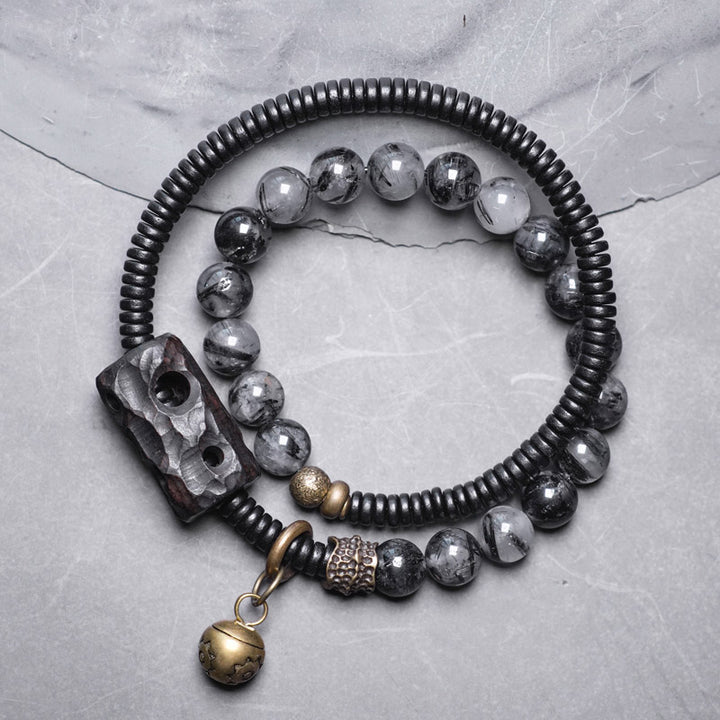 Buddha Stones Black Rutilated Quartz Ebony Wood Copper Wisdom Couple Bracelet - 18cm - image 0