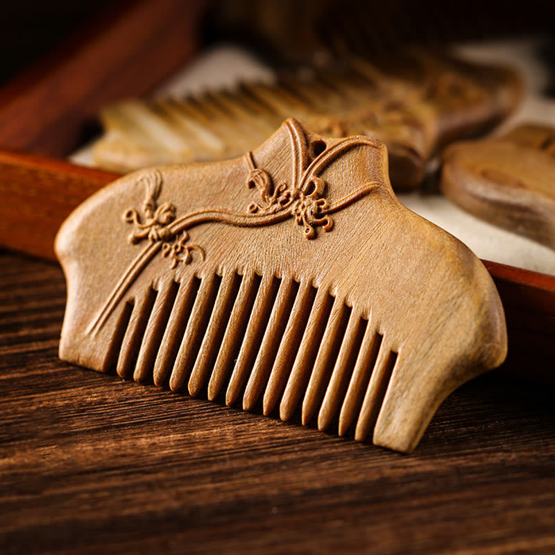 Buddha Stones Green Sandalwood Flower Pattern Engraved Soothing Comb - Green Sandalwood Comb(Simple Style) - image 0