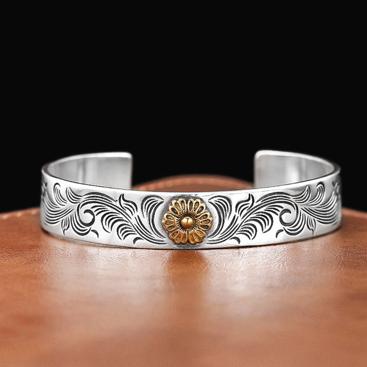 Buddha Stones Tang Dynasty Flower Design Rose Flower Feather Carved Copper Luck Bracelet Bangle - image 2