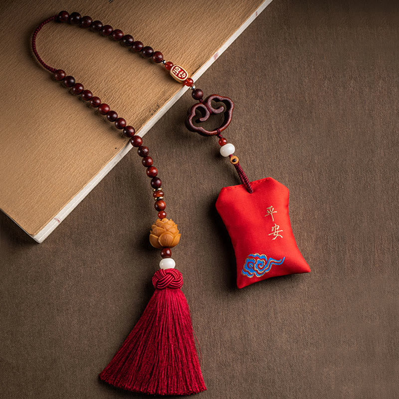 Buddha Stones Tibetan Small Leaf Red Sandalwood Lotus Cinnabar Sachet Protection Tassel Car Hanging Decoration - Peace And Joy - image 0