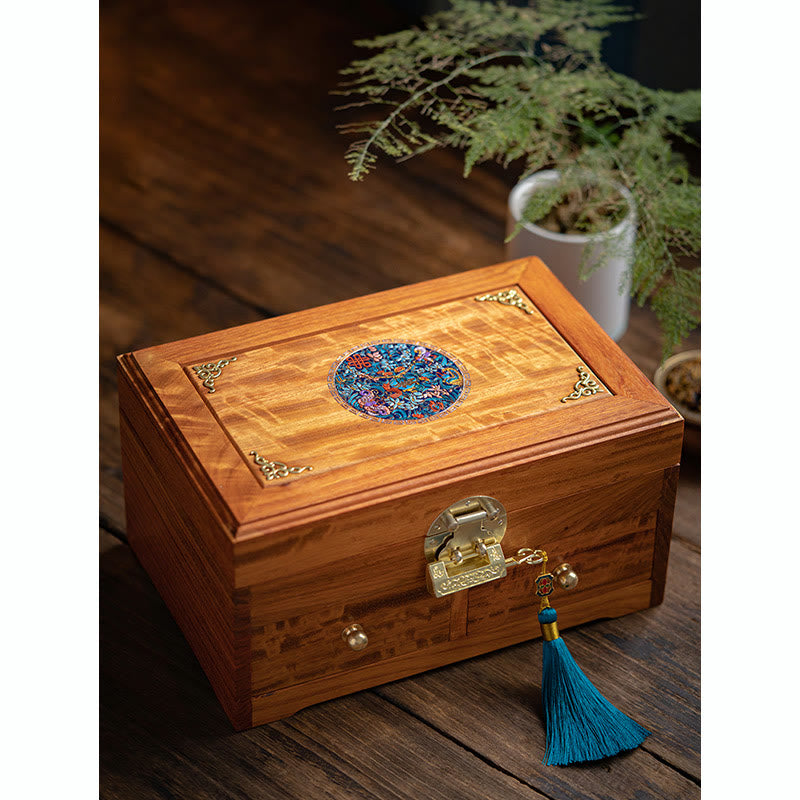 Antique Handmade Rosewood Jewelry Storage Box Lockable Large Double Layer Flower Wooden Gift Organizer Box - image 16