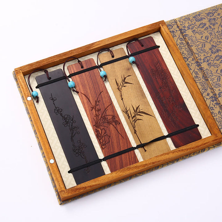 Buddha Stones 4Pcs Four Seasons Plum Orchid Bamboo Chrysanthemum Peking Opera Mask Wood Bookmarks With Gift Box - 4Pcs Plum Orchid Bamboo Chrysanthemum - image 16