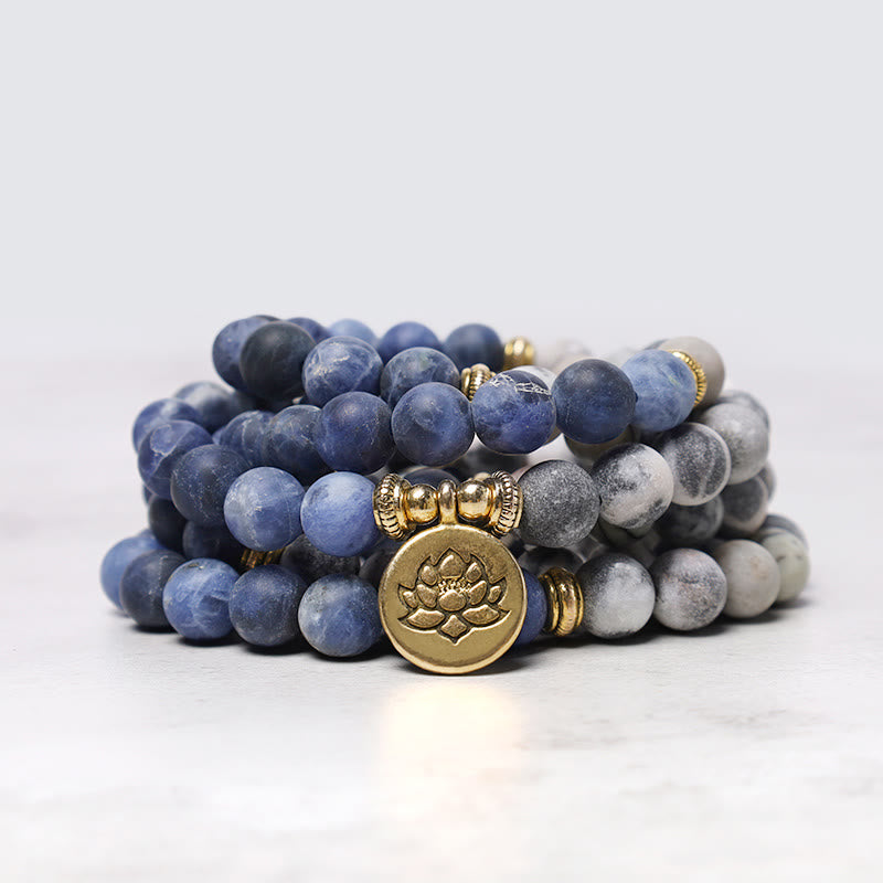 Buddha Stones 108 Natural Stone Mala Bead Lotus Pendant Bracelet - image 0