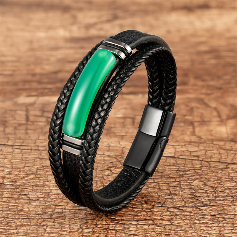 Buddha Stones Natural Stone Green Agate Power Multilayered Braided Leather Bracelet - Green Agate - 23cm - image 0