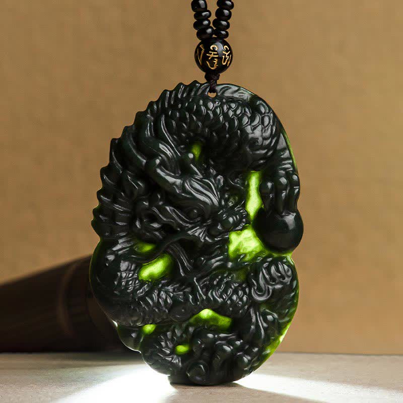 Buddha Stones Hetian Cyan Jade Dragon Success Harmony Necklace Beaded String Pendant - image 8