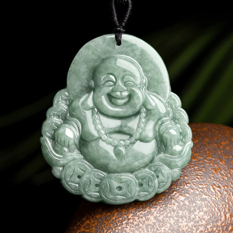 Buddha Stones Laughing Buddha Natural Jade Copper Coin Abundance Necklace Pendant - Laughing Buddha(Happiness♥Wealth) - image 0