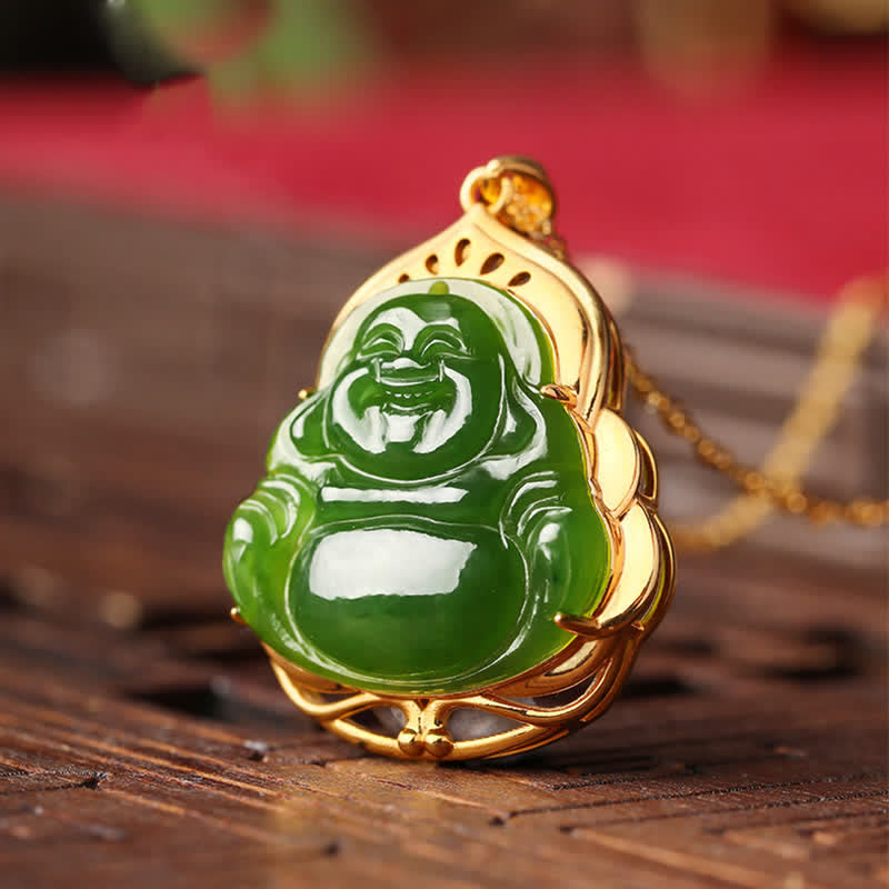 Buddha Stones 925 Sterling Silver Natural Hetian Cyan Jade Laughing Buddha 18K Gold Healing Necklace Chain Pendant - image 5