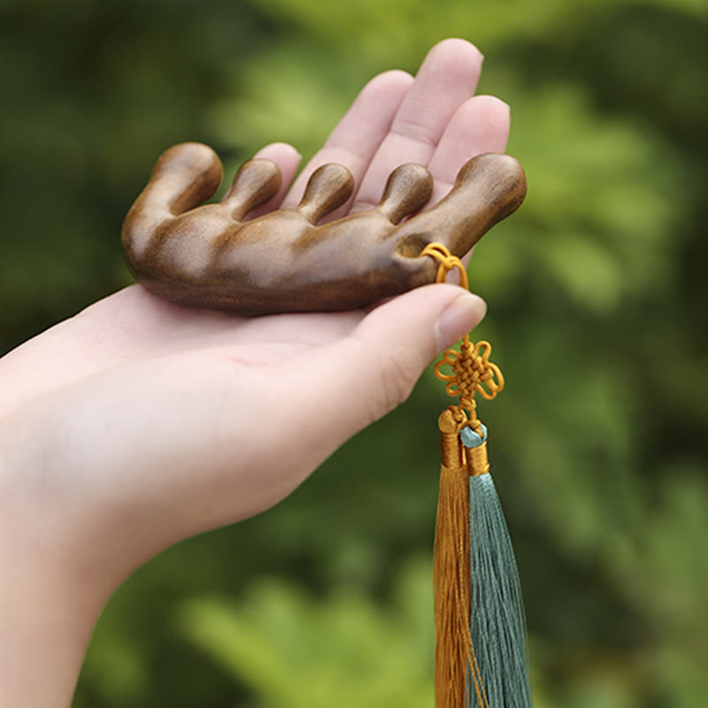 Simple Green Sandalwood Soothing Tassel Massage Comb - Green Sandalwood Comb(Gold Gray Tassel Style) - image 0