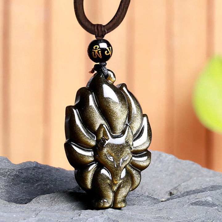 Buddha Stones Natural Rainbow Obsidian Gold Sheen Obsidian Nine Tailed Fox Positive Necklace Pendant - image 9