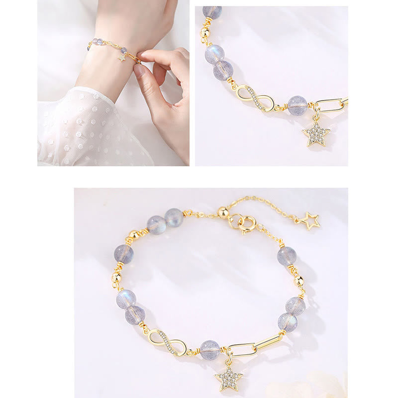 Buddha Stones 14K Gold Plated Natural Strawberry Quartz Moonstone Möbius Loop Eternal Love Star Positive Bracelet - image 12