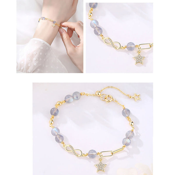 Buddha Stones 14K Gold Plated Natural Strawberry Quartz Moonstone Möbius Loop Eternal Love Star Positive Bracelet - image 12