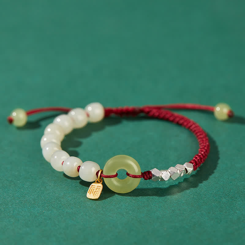 Buddha Stones 925 Sterling Silver Hetian Jade Peace Buckle Beaded Luck Happiness Charm Bracelet - Dark Red - image 16