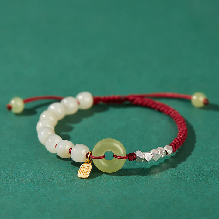 Buddha Stones 925 Sterling Silver Hetian Jade Peace Buckle Beaded Luck Happiness Charm Bracelet - Dark Red - image 16