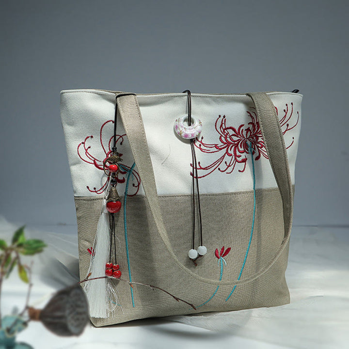 Buddha Stones Pear Flower Plum Peach Blossom Bamboo Embroidery Canvas Large Capacity Shoulder Bag Tote Bag - image 47