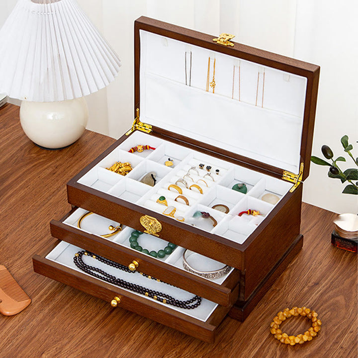 Buddha Stones Retro Wooden Jewelry Box Three-Layer Jewelry Storage Box - image 15
