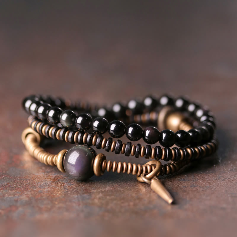 Buddha Stones Rainbow Obsidian Ebony Wood Copper Healing Triple Wrap Bracelet - Rainbow Obsidian - 18cm - image 0