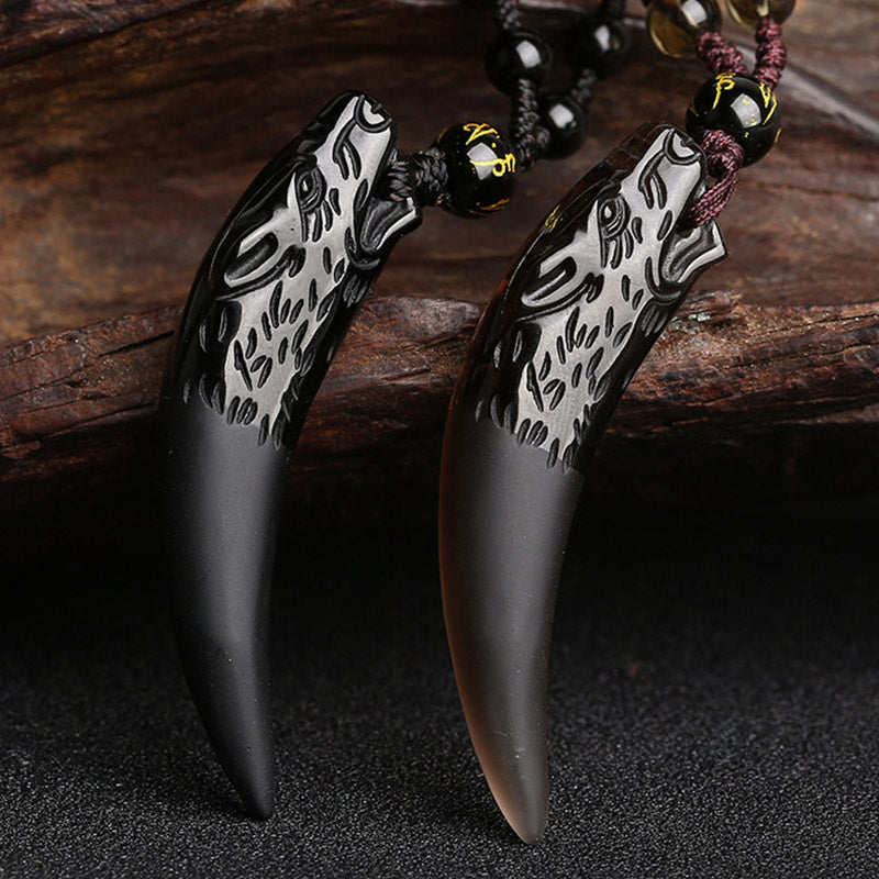 Buddha Stones Natural Ice Obsidian Wolf Tooth Pattern Courage Necklace Pendant - image 0