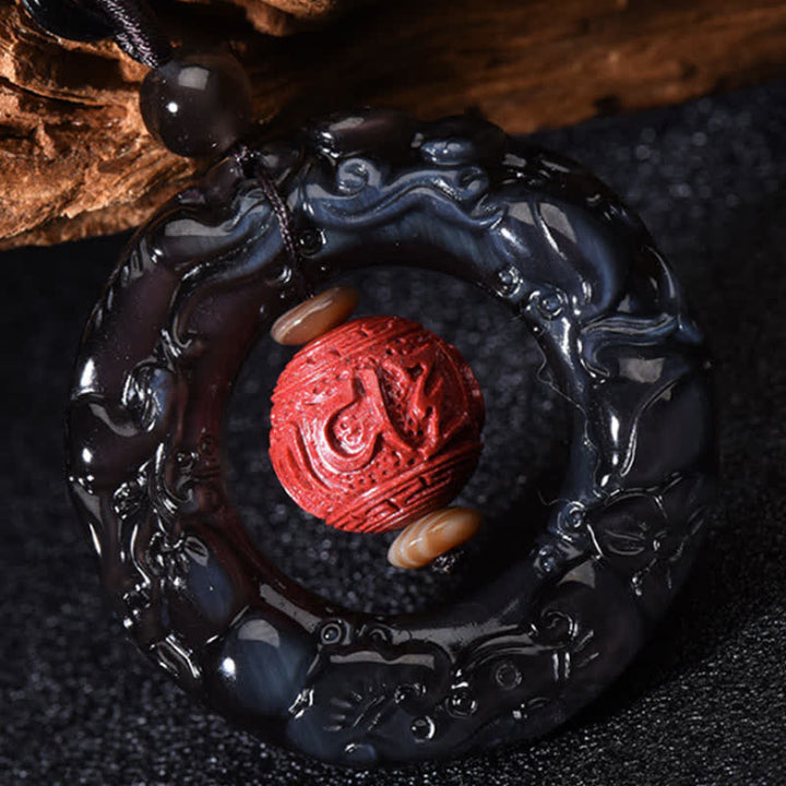 Buddha Stones FengShui Natural Rainbow Obsidian PiXiu Cinnabar Healing Necklace Pendant - image 5