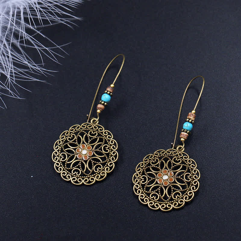 Round Flower Design Luck Dangle Drop Earrings - image 2