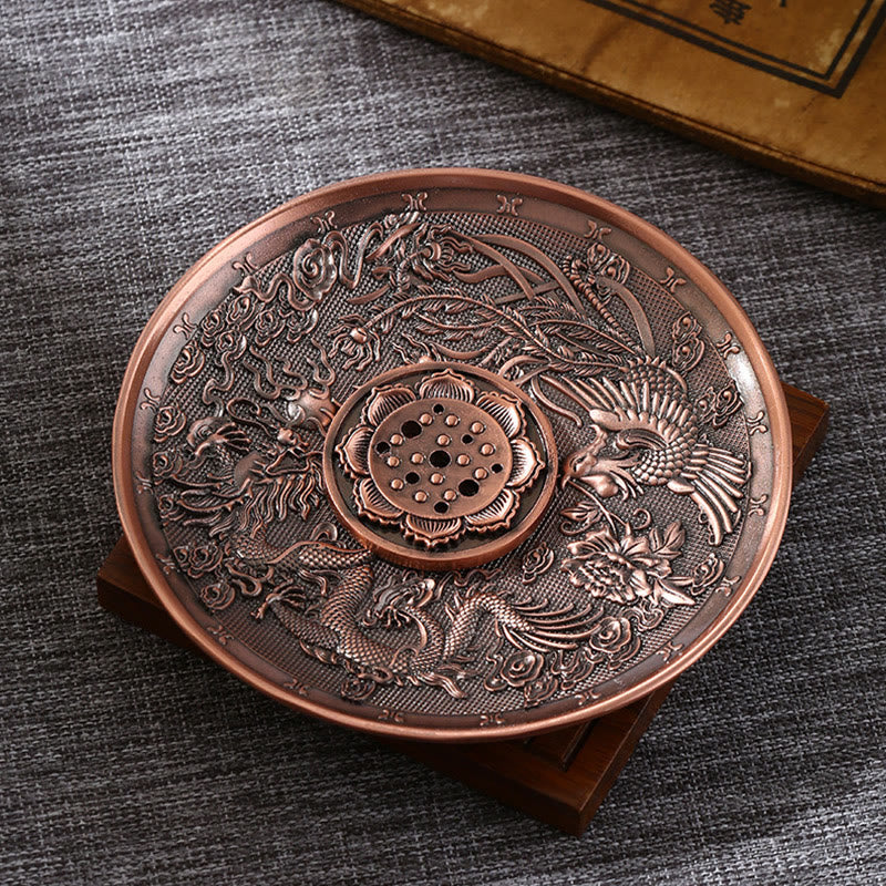 Buddha Stones Lotus Dragon Phoenix Eight Auspicious Symbols Zinc Alloy Incense Stick Holder Healing Incense Burner Decoration - Dragon Phoenix Brown(With Lotus Nine-Hole Incense Stick) - image 8