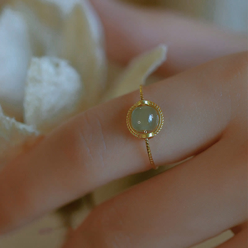 Buddha Stones 14K Gold Plated Round Jade Luck Prosperity Adjustable Ring - image 1
