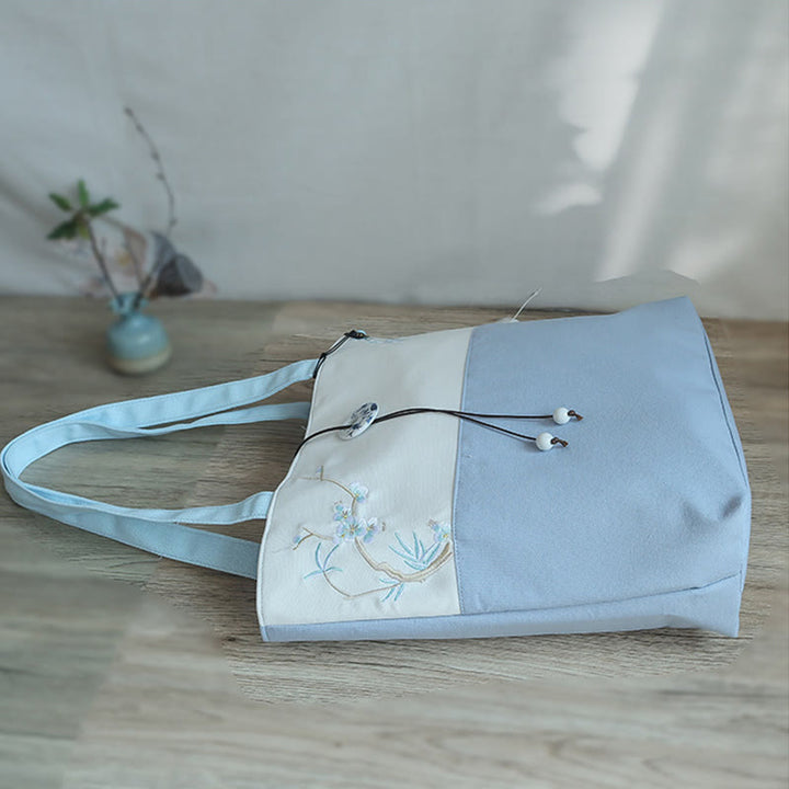 Buddha Stones Pear Flower Plum Peach Blossom Bamboo Embroidery Canvas Large Capacity Shoulder Bag Tote Bag - image 18