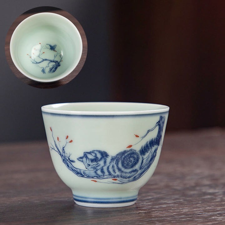 Buddha Stones Blue Landscape Mountains Lotus Cute Cat Pavilions Magnolia Reed Egrets Ceramic Teacup Small Kung Fu Tea Cup - Cute Cat Climbing The Tree 6cm*4.5cm*50ml - image 10
