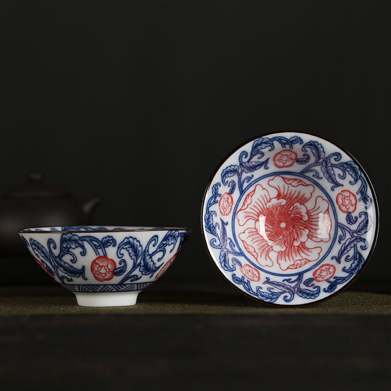 Buddha Stones Flowers Fu Character Mountains Lotus Cherry Blossoms Ceramic Teacup Kung Fu Tea Cup - Red Flowers Blue Leaves 8.5cm*4cm*90ml - image 17