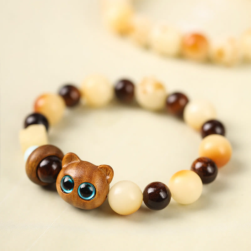 Buddha Stones Natural Bodhi Seed Sandalwood Lucky Cute Cat Head Paw Claw Peace Bracelet - Green Sandalwood Lucky Cat(Wrist Circumference 14-17cm) - image 0