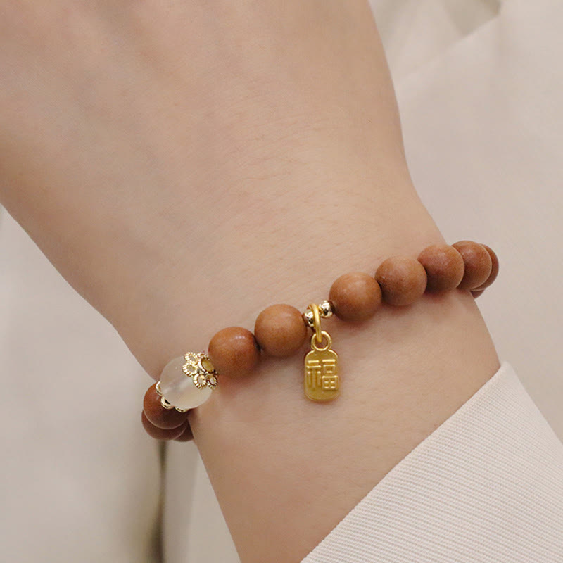 Buddha Stones Sandalwood Cat's Eye Fu Character Charm Protection Bracelet - image 4