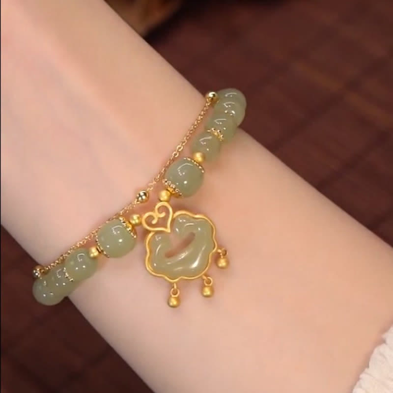 Buddha Stones 14K Gold Plated Natural Hetian Jade Wish Lock Bell Chain Bracelet - image 2