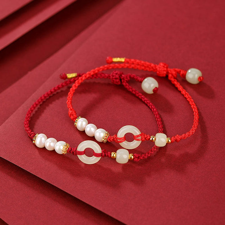 Buddha Stones 925 Sterling Silver Plated Gold Hetian Jade Peace Buckle Pearl Luck Bracelet - image 0