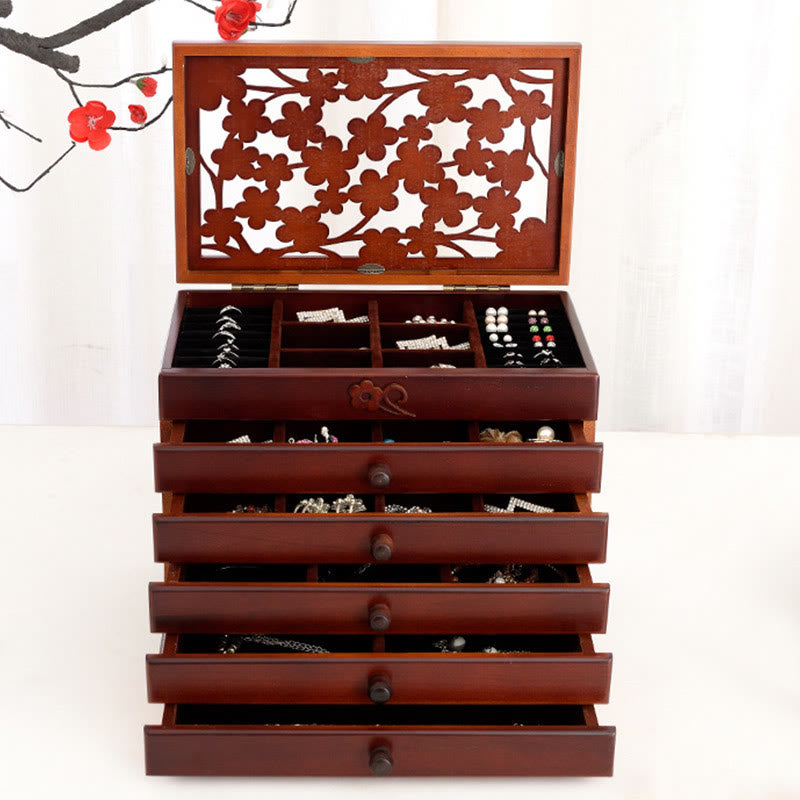 Buddha Stones Vintage Plum Blossom Carved Wooden Jewelry Box Six-Layer Jewelry Storage Box - image 1