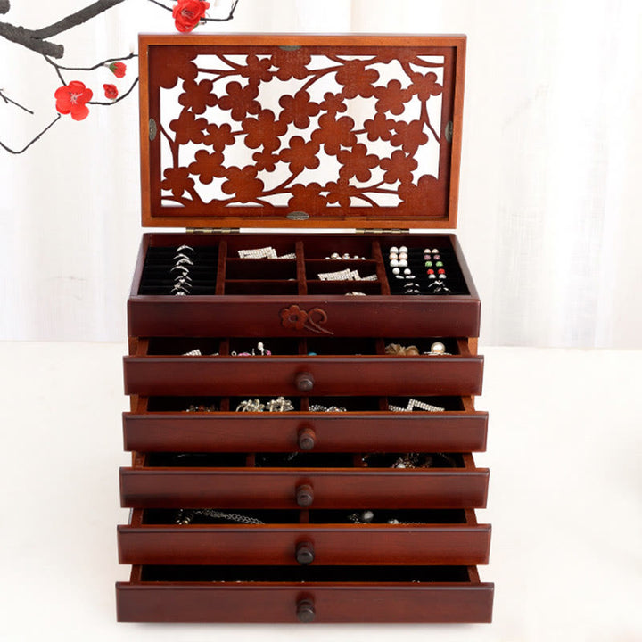 Buddha Stones Vintage Plum Blossom Carved Wooden Jewelry Box Six-Layer Jewelry Storage Box - image 1