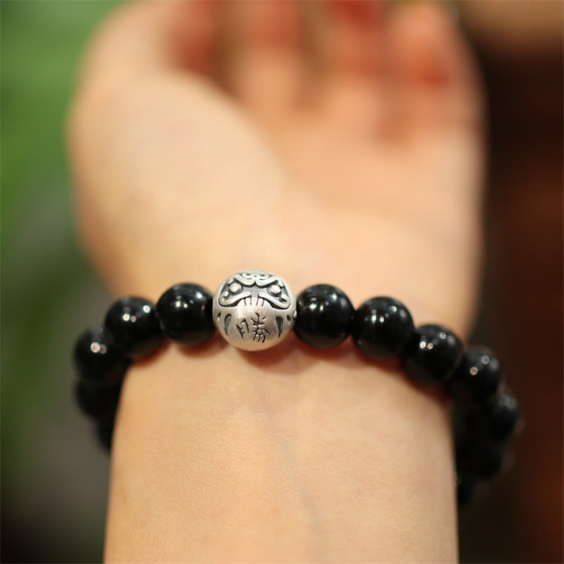 Buddha Stones 925 Sterling Silver Black Onyx Bead Character Engraved Protection Bracelet - image 1