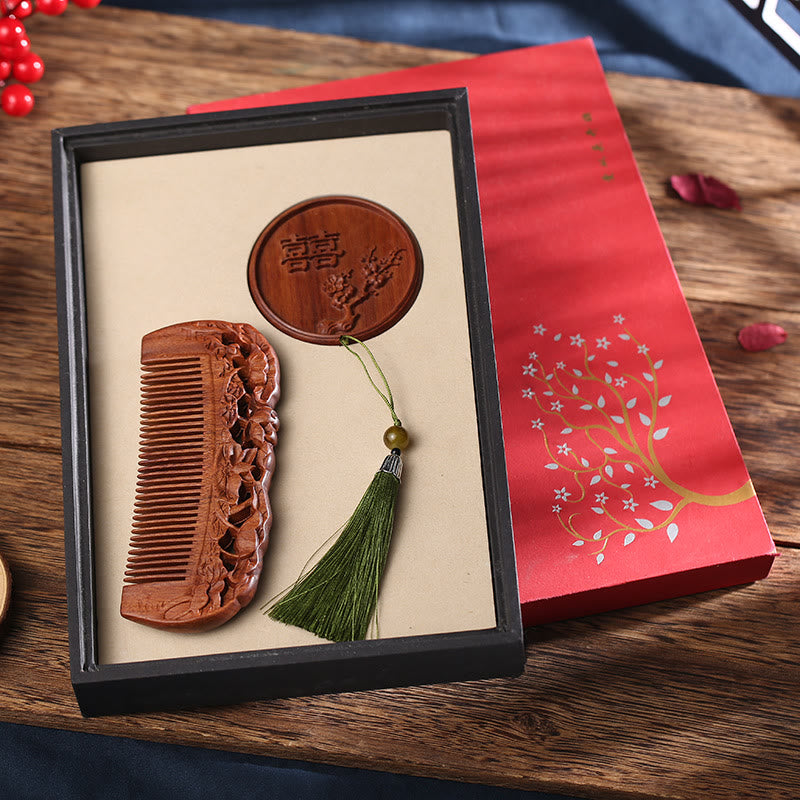 Natural Green Sandalwood Rosewood Lotus Flower Peacock Butterfly Engraved Soothing Comb - Rosewood Lotus+Double Happiness Round Mirror - image 1