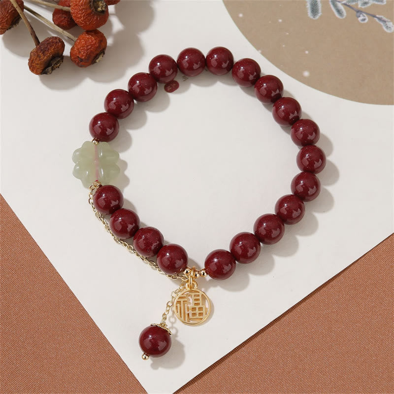 Buddha Stones Cinnabar Fu Character Hetian Jade Lucky Four Leaf Clover Blessing Bracelet - image 5
