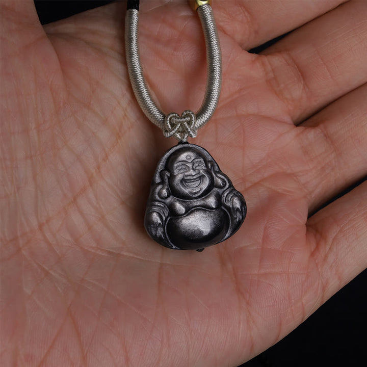 Buddha Stones Natural Silver Sheen Obsidian Laughing Buddha Protection Necklace Pendant - image 6