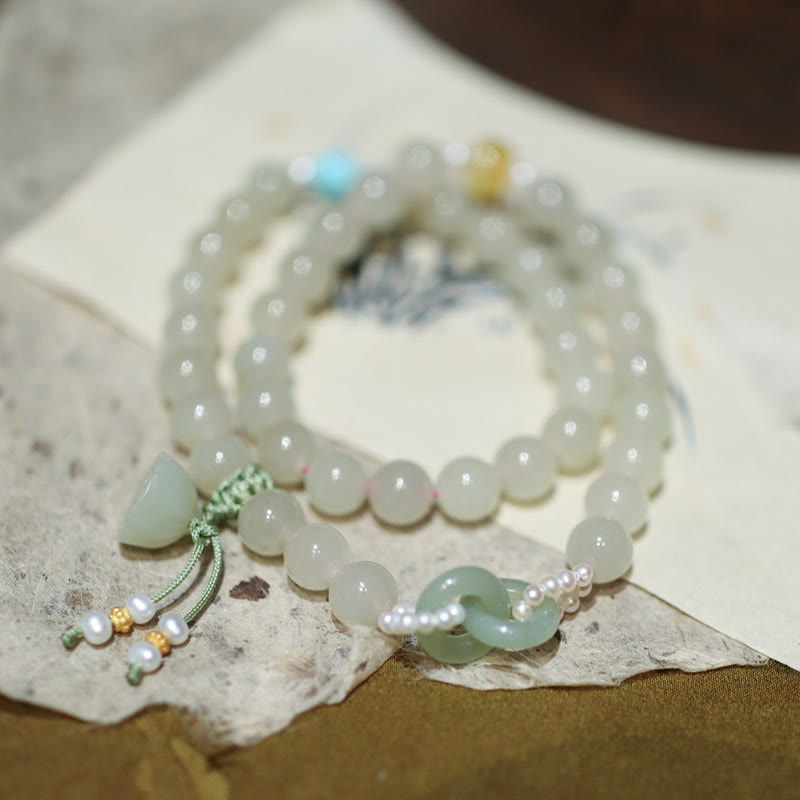 Buddha Stones 925 Sterling Silver Hetian Jade Double Peace Buckle Lotus Luck Double Wrap Bracelet - Hetian Jade(Prosperity♥Abundance) - image 0