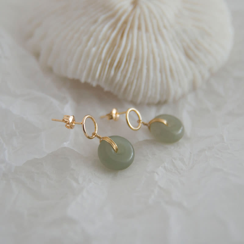 Buddha Stones Round Jade Peace Buckle Luck Drop Earrings - image 1