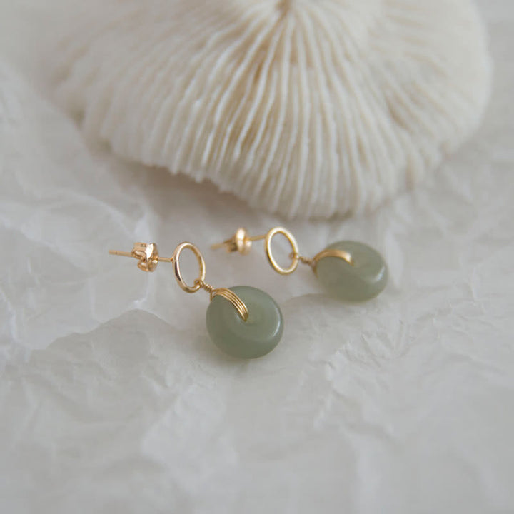 Buddha Stones Round Jade Peace Buckle Luck Drop Earrings - image 1