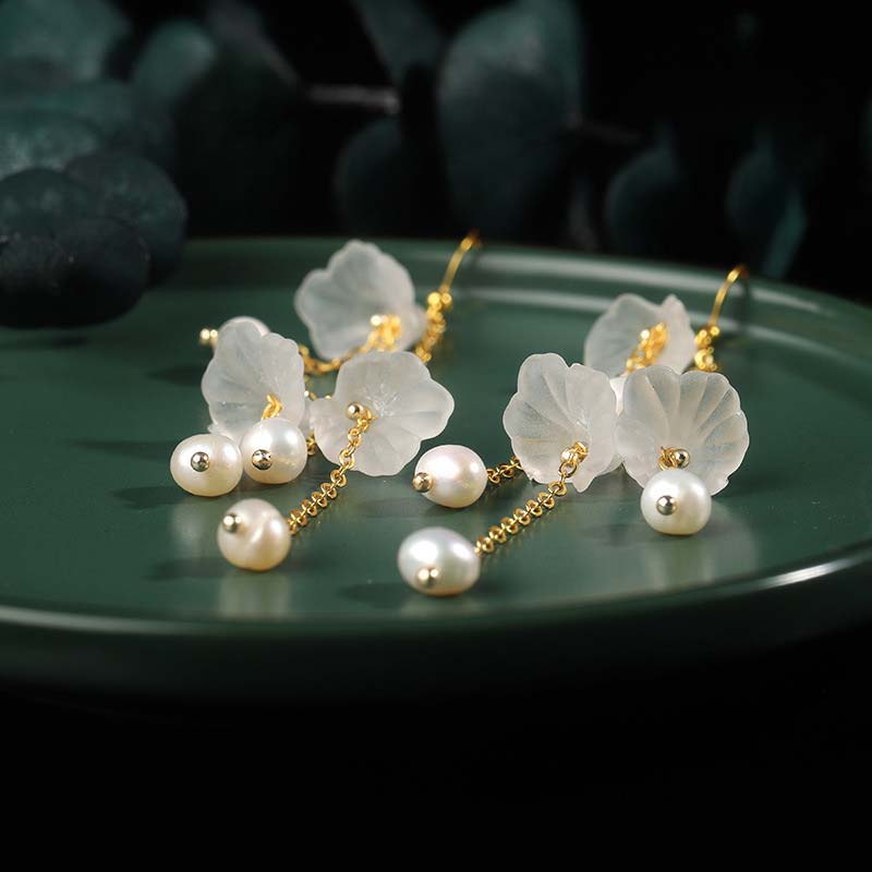 Buddha Stones Pearl Flower Petals Luck Drop Earrings - image 3