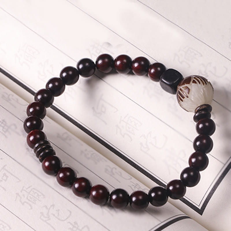 Buddha Stones Small Leaf Red Sandalwood Lotus Bodhi Seed Carved Protection Double Wrap Bracelet - image 7
