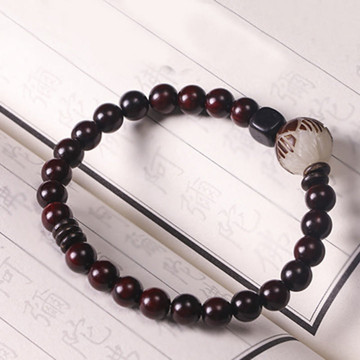Buddha Stones Small Leaf Red Sandalwood Lotus Bodhi Seed Carved Protection Double Wrap Bracelet - image 7