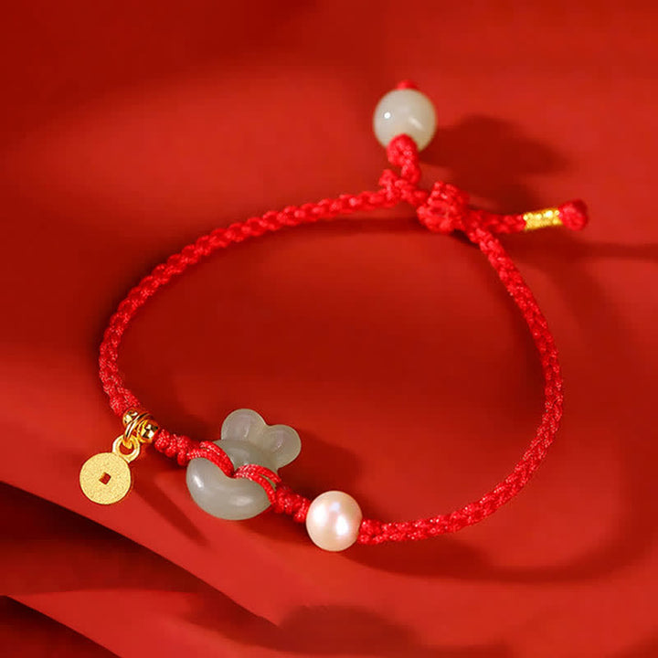 925 Sterling Silver Year of the Rabbit Hetian Jade Copper Coin Wealth Red String Bracelet - image 3