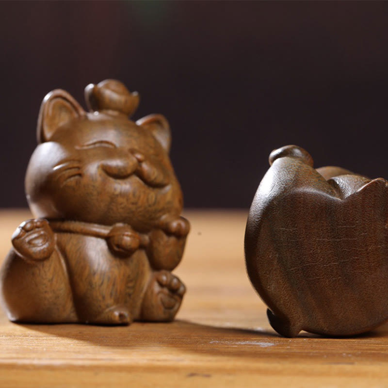 Buddha Stones Mini Green Sandalwood Ingot Lucky Cat Carved Peace Desk Decorations - image 18