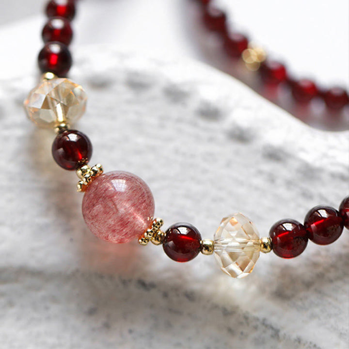 Buddha Stones 14K Gold Plated Natural Garnet Strawberry Quartz Stability Double Wrap Bracelet - image 8
