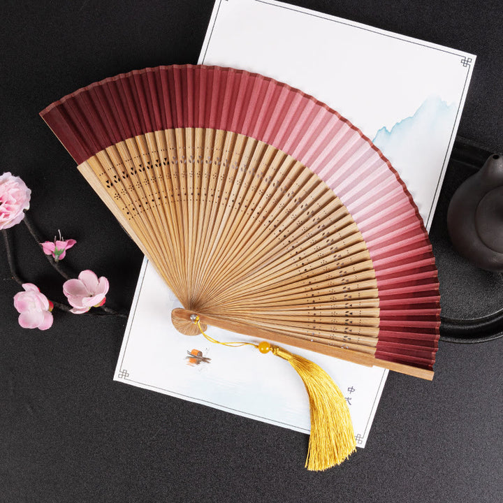 Buddha Stones Gradient Handheld Bamboo Folding Fan - Red Beige - image 15